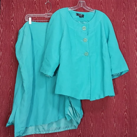 LEVINE CLASSIC 2 Piece Teal 3/4 Sleeve Collarless Button Skirt Suit Womes 20W/30 - Picture 2 of 16